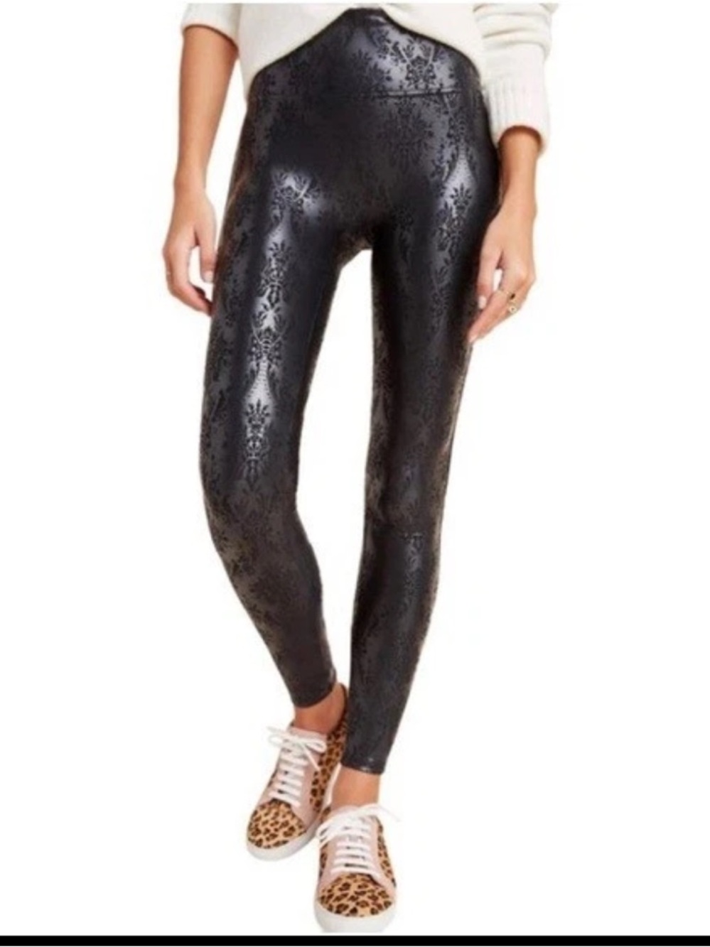 SPANX Black Faux Leather Floral Brocade High-Rise Leggings - Medium